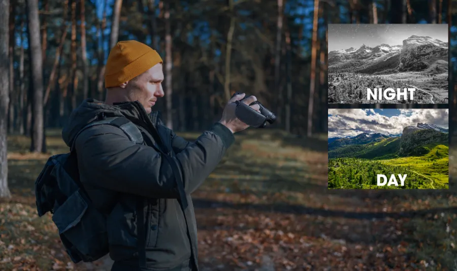 Mand der kigger gennem Qinux Black Optic i en skov, med dagbillede og natbillede